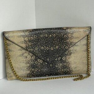 J Crew Clutch Flap Envelope Shoulder Bag Snake Print Gold Chain Faux Leather